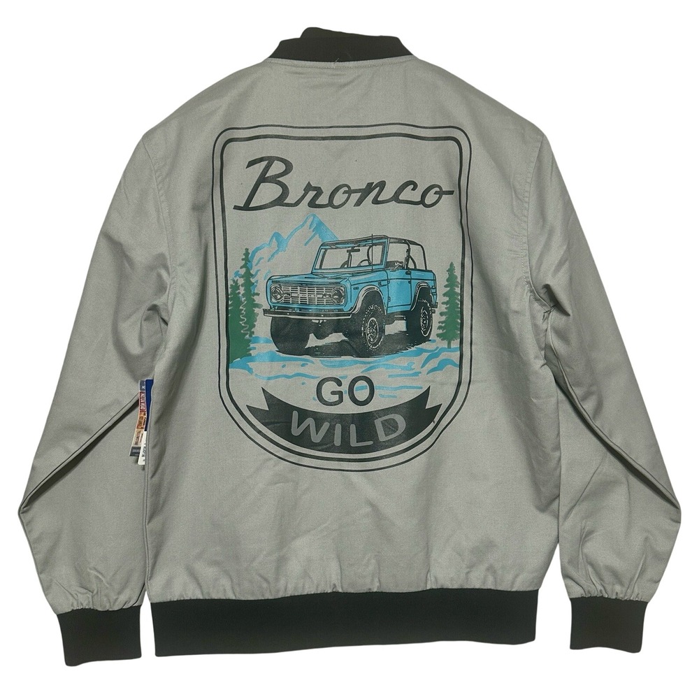 Ford Bronco‎ Racing Jacket Mens Small Grey Graphic Snap Bomber Road Trip New